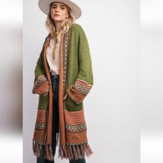 New! Easel Boho Tribal Pattern Sweater Cardigan With Fringe Detail. From Luxury Boutique Label Easel Which Is Carried By Fine Retailers Like Anthropologie And Nordstrom. Features Color: Olive Fringe At Bottom Tribal Woven Pattern Detailing Open Front Side Pockets Relaxed Fit Longline Silhouette Soft & Cozy Knit 51% Acrylic/35% Polyester/14% Nylon Sizing (Measurements Taken Flat) Small Bust: 27" Flat Across Small Waist: 22.5" Flat Across Small Length: 37" To Bottom Of Tassels Med Bust: 27.5" Flat Boho Grunge, Fringe Sweater, Woven Pattern, Trendy Boho, Cozy Knit, Curvy Dress, Pattern Sweater, Cozy Knits, Small Waist