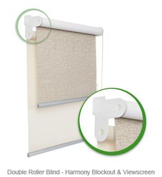 the double roller blind is shown with two white brackets on each side and an extra - wide