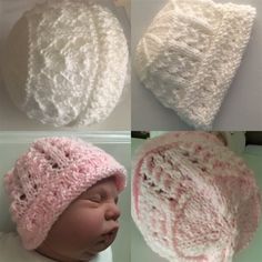 three pictures of a baby wearing a crocheted hat