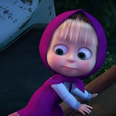 a cartoon character with big eyes and a purple hat