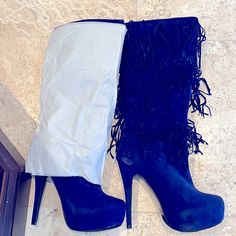 One Boot Still In Wrapping. Blue Winter Party Boots, Elegant Blue Boots For Night Out, Blue Boots For Spring Night Out, Blue Boots For Night Out In Spring, Chic Blue Boots For Night Out, Fringe Boots, Shoes Heels Boots, Shoes Women Heels, Heeled Boots