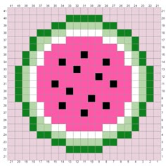 a pink and green square with black squares on the bottom, and white dots in the middle