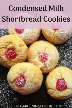 some cookies with strawberries on them and the title reads, how to make homemade corned milk shortbread cookies