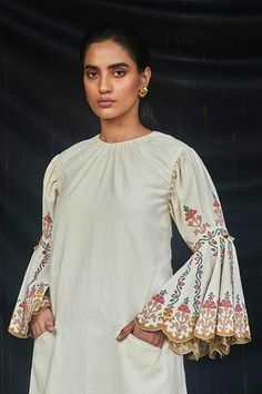 Shop for Chandrima White Kala Cotton Bell Sleeve Midi Dress for Women Online at Aza Fashions Keyhole Tassel, Cord Embroidery, Scallop Border, Midi Dress For Women, Dress With Bell Sleeves, Embroidered Neckline, Cotton Midi Dress, Sleeve Midi Dress, Midi Dress With Sleeves