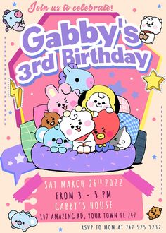 a birthday party flyer with cartoon characters on it