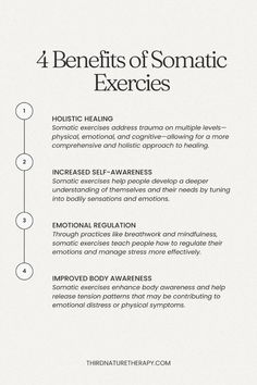 Discover how somatic exercise can revolutionize your well-being with these 4 key benefits:  Holistic Health: Embrace a full-body approach that harmonizes physical, mental, and emotional health. Increased Self-Awareness: Deepen your connection with your body’s sensations and needs, enhancing personal insight. Emotional Regulation: Learn to manage and release stored emotions, promoting emotional balance and resilience. Improved Body Awareness: Enhance your understanding of physical sensations, movement patterns, and overall body alignment. Transform your life with somatic exercise and experience greater harmony and awareness every day! Massage And Emotional Release, Release Stored Emotions, Somatic Psychology, Somatic Practice, Somatic Experience, Somatic Release, Stored Emotions, Somatic Workout, Somatic Exercise