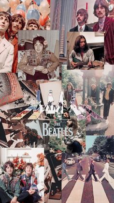 the beatles collage is shown with many pictures and people around it, including balloons