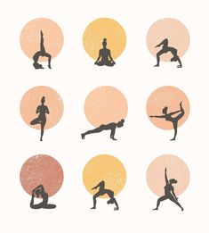 the silhouettes of people doing yoga poses in different positions, with sun behind them