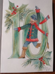 a watercolor painting of a boy dressed as a nutcracker in front of the letter q