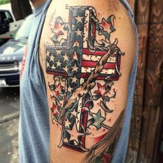 Detailed Cross Tattoos For Men Tattoo Kit Cross And Flag Tattoo, Cross With Flag Tattoos For Men, Affliction Cross Design, Cross Tattoos For Men, Military Sleeve Tattoo, Detailed Cross, Hard Tattoos, Men Tattoo