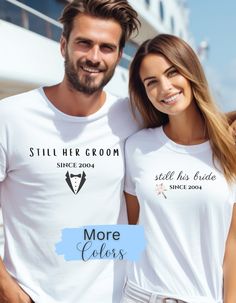 Celebrate your marriage with these personalized His and Hers tshirts! Simply choose your sizes and colors, and customize the year in the personalization box! (Each shirt sold separately) Perfect for vacations, anniversaries, or anniversary trips and cruises. .: Made with 100% Airlume combed and ring-spun cotton, a lightweight fabric  that is easy to layer, breathable. Perfect for active and leisure wear.  .: The retail fit that is perfect for casual and semi-formal settings. The crew neckline ad Anniversary Crew Neck T-shirt With Custom Print, Personalized Short Sleeve T-shirt For Anniversary, Personalized T-shirt For Anniversary, Personalized Anniversary T-shirt, White Short Sleeve Couples T-shirt, Couples White Short Sleeve T-shirt, White Matching Couples T-shirt, Couples Wedding T-shirt With Crew Neck, Couples Crew Neck T-shirt For Wedding