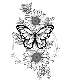 a black and white drawing of a butterfly on sunflowers