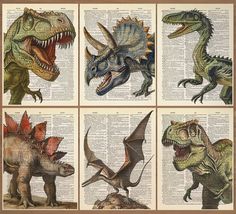 four different dinosaurs are depicted on an old book page, each with its own dinosaur's head