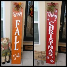 two wooden signs that say merry christmas and fall