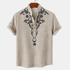 Season:Summer,Spring; Fabric:20%Linen20%Cellulose60%Polyester; Sleeve Length:Short Sleeve; Look After Me:Machine wash,Hand wash; Gender:Men's; Style:Casual,Tribal; Elasticity:Inelastic; Tops Type:Shirt,Henley Shirt,Linen Shirt,Ethnic Shirt; Occasion:Holiday,Daily; Fit Type:Regular Fit; Pattern:Ethnic; Design:Print; Neckline:Band Collar; Listing Date:06/28/2024; Bust:null; Length:null; Shoulder Width:null; Fit US Size:null; Fit UK Size:null; Fit EU Size:null; Sleeve Length:null Beige V-neck Shirt For Summer, Half Sleeve Tops For Summer Vacation, Half Sleeve Beach Top For Summer, Summer Beach Tops With Half Sleeves, Summer Beach Top With Half Sleeves, Bohemian Half Sleeve Summer Tops, Cotton V-neck Short Sleeve Shirt For Summer, Summer Cotton V-neck Short Sleeve Shirt, Summer Patterned Short Sleeve Tops