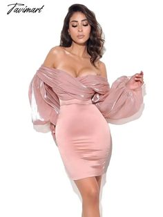 Tavimart High Quality Celebrity Pink White Mesh Puff Sleeve Off The Shoulder Bodycon Dress Elegant Club Party Fashion Dress Vestidos Bodycon Dress Elegant, Elegant Evening Dresses Long, Celebrity Pink, Club Parties, Evening Dresses Elegant, Club Party, White Mesh, Dress Elegant, Evening Dresses Long