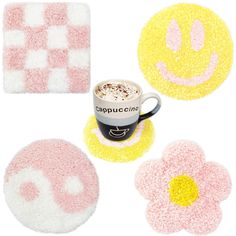 three coasters, one with a smiley face and the other with a cup of coffee