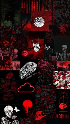 a collage of images with skulls, roses and other things in red on black