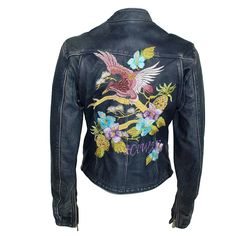 Masterpiece by Dolce & Gabbana Aged leather Blue jeans color Central zip Three pockets Big multicolored embroidery in the back Zip on wrists Size italian 38 (US 4) Worldwide express shipping included in the price ! Fitted Leather Jacket With Floral Embroidery, Casual Fitted Embroidered Leather Jacket, Casual Embroidered Fitted Leather Jacket, Casual Embroidered Fitted Biker Jacket, Fitted Embroidered Biker Leather Jacket, Fitted Embroidered Leather Biker Jacket, Casual Biker Jacket With Floral Embroidery, Jean Jacket And Jeans, Edgy Fashion Chic