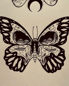 a drawing of a butterfly with the moon in the back and half of it's wings