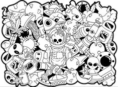 a bunch of cartoon characters with black and white ink on the bottom half of it