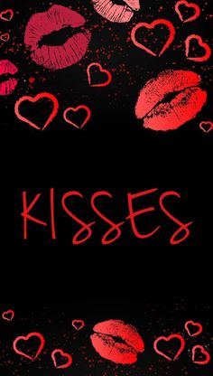 lipstick kisses with hearts on black background