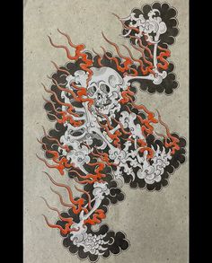 Creepy Japanese Tattoo, Japanese Yokai Tattoo, Kick Illustration, Japanese Patterns Traditional, Japanese Skull Tattoo, Ukiyoe Tattoo, Wabori Tattoo, Japanese Tattoo Flash, Japanese Skull