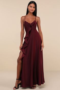 Dark Plum Backless Dress - Lace-Up Ruffled Maxi Dress - Dress - Lulus Maroon Long Dress, Long Burgundy Dress, Wine Red Prom Dress, Backless Maxi Dresses, Burgundy Dress, Ruffled Maxi Dress, Dress Lace, Large Size Dresses, Purple Dress