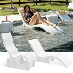 a woman sitting in a chair next to a pool with two chairs on it and one is white