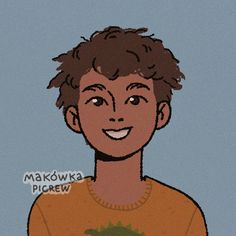 a drawing of a young man with curly hair and an orange shirt smiling at the camera