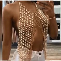 Akyzo Sexy Pearl Crop Tops Women 2023 Sexy Metal Chain Tassel Nightclub Dance Wear Party Burning Outfits Tank Top Body Necklace Chain, Beach Party Dress, Gold Body Chain, Shoulder Necklace, Chain Bra, Body Chains, Backless Top, Body Chain Jewelry, Bustiers