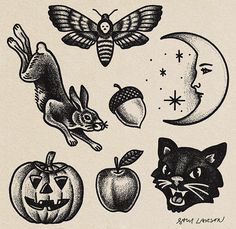 an old school tattoo design with cats, pumpkins and other halloween related items in black ink