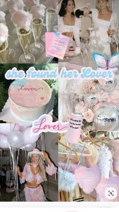 a collage of photos with pink and white balloons, cake, flowers, and other items