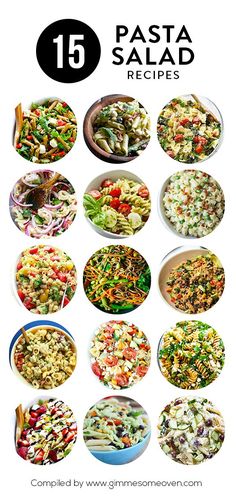 the cover of 15 pasta recipes with pictures of different types of salads in them