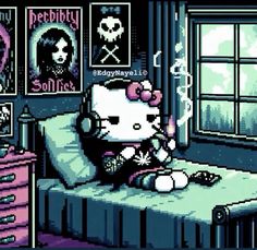 Gothic Hello Kitty Wallpaper, Hello Kitty Samurai, Hello Kitty Grunge Room, Hello Kitty Goth Wallpaper, Edgy Hello Kitty, Creepy Hello Kitty, Bad Hello Kitty, Gothic Pfp Aesthetic, Pixel Hello Kitty