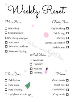 A weekly reser checklist for women. So you can be high maintenance easily and at the comfort of your own home. Weekly Reset Checklist, Reset Checklist, Weekly Reset, Journaling Notebook, Self Care Bullet Journal, Get My Life Together, High Maintenance, Healthy Lifestyle Inspiration, Body Skin Care Routine