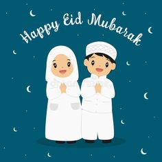 happy eid mubarak greeting card with two muslim men in white clothes standing together and