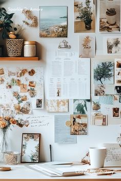 a wall covered in pictures and photos next to a desk with a cup on it