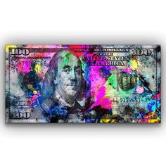 an american one dollar bill with colorful paint splattered on the front and sides