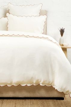 The Kelly collection embellishes classic linens with delicately embroidered scalloping in a range of soft hues, perfect for any cozy cottage farmhouse. Cottage Farmhouse, Bedside Tables Nightstands, Linen Duvet Covers, Linen Duvet, Thread Embroidery