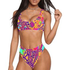 Rave Multicolor Swimwear For Vacation, Multicolor Rave Swimwear For Vacation, Rave Style Multicolor Swimwear For Vacation, Multicolor High Waist Printed Swimwear, High Waist Multicolor Printed Swimwear, Multicolor Printed High Waist Swimwear, Multicolor Printed High-waist Swimwear, Rave Multicolor Swimwear For Beach Season, Rave Swimwear For Beach Season And Pool