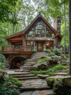 a cabin in the woods with stone steps leading up to it