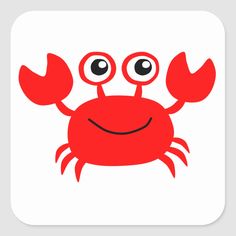 a red crab with big eyes and large claws on it's back, sitting in front of a white square sticker