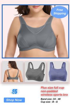 Plus size full cup non-padded wireless sports bra. Sizes are from 34B up to 48G. Supportive Full Coverage Sports Bra, Comfortable Full Coverage Sports Bra With Built-in Bra, Comfortable Full Coverage Sports Bra With Medium Support, Supportive Full Coverage Gym Bra, Supportive Full Coverage Bra For Gym, Supportive Comfortable Sports Bra, Supportive Comfortable Sports Bra For Sports, Sports Bra With Full Coverage And Breathable Material, Sports Bra With Full Coverage And Breathability