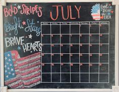 a chalkboard calendar with the american flag and stars on it, written in red white and blue