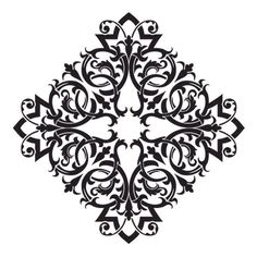 an ornate design in black and white with swirls on the center, is shown