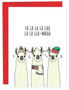 three llamas wearing hats and scarves are standing in front of a red card