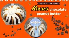 an advertisement for reese's chocolate peanut butter bundts with white icing