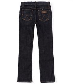 From Wrangler®&#x2C; these jeans feature:BootcutSlim seat and thighsZippered fly with button closureBelt loopsSits lower on the waistTwo front pockets; one with a coin pocketTwo back pockets with "W" stitching detailBootcut/fits over bootsCotton/spandex stretch denimMachine wash/tumble dryImported. Large Jeans, Bootcut Pants, Fit Ideas, Boys Jeans, Big Boys, Bootcut Jeans, Rodeo, Cotton Spandex, Stretch Denim