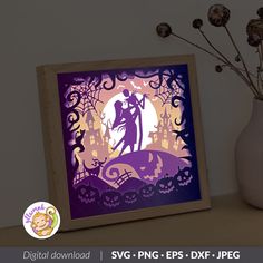 the silhouette of a man and woman dancing in front of a full moon with pumpkins